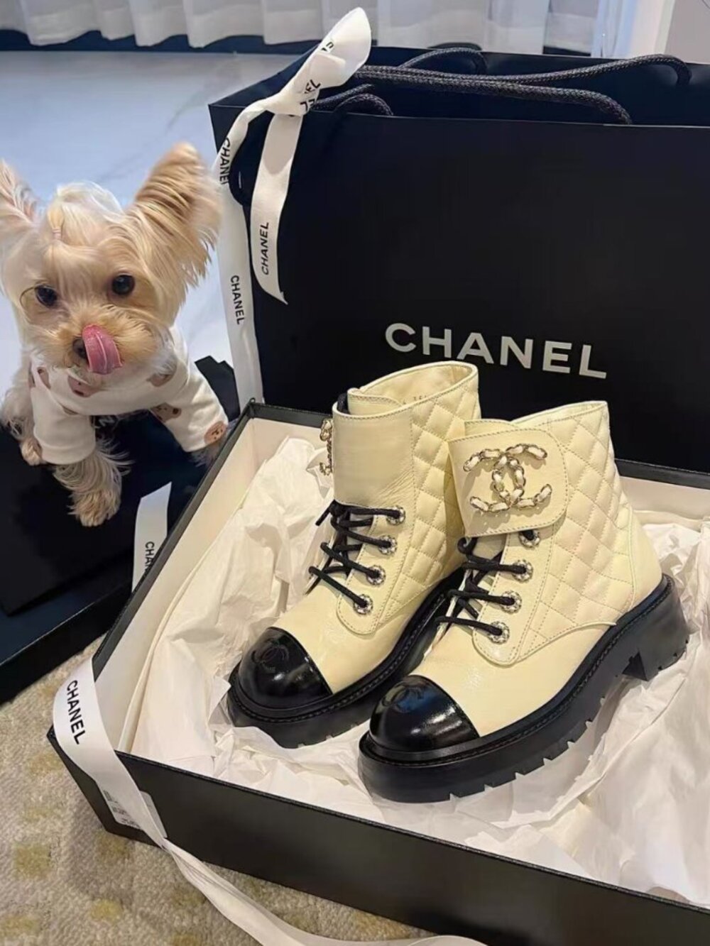 Chanel White Black Cap Toe Quilted Combat Boots